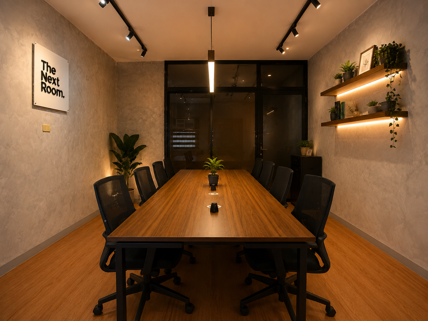 The Next Room private meeting room with a long work table and eight chairs.